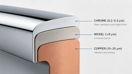 Cross-section diagram of three-layer electroplating stack showing copper, nickel, and chrome layers