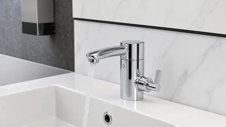 Side handle bathroom faucet with ADA-compliant lever positioning