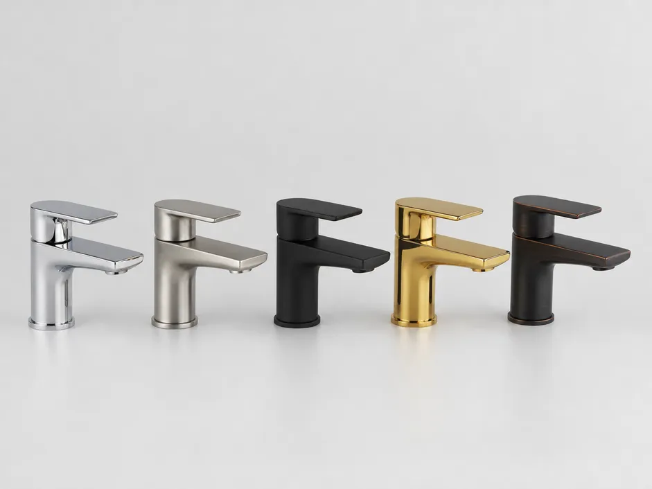 Five finish options for low profile bathroom faucets: chrome, brushed nickel, matte black PVD, PVD gold, and oil-rubbed bronze
