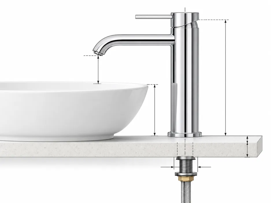 Low profile faucet installation geometry diagram showing spout height relative to vessel sink rim