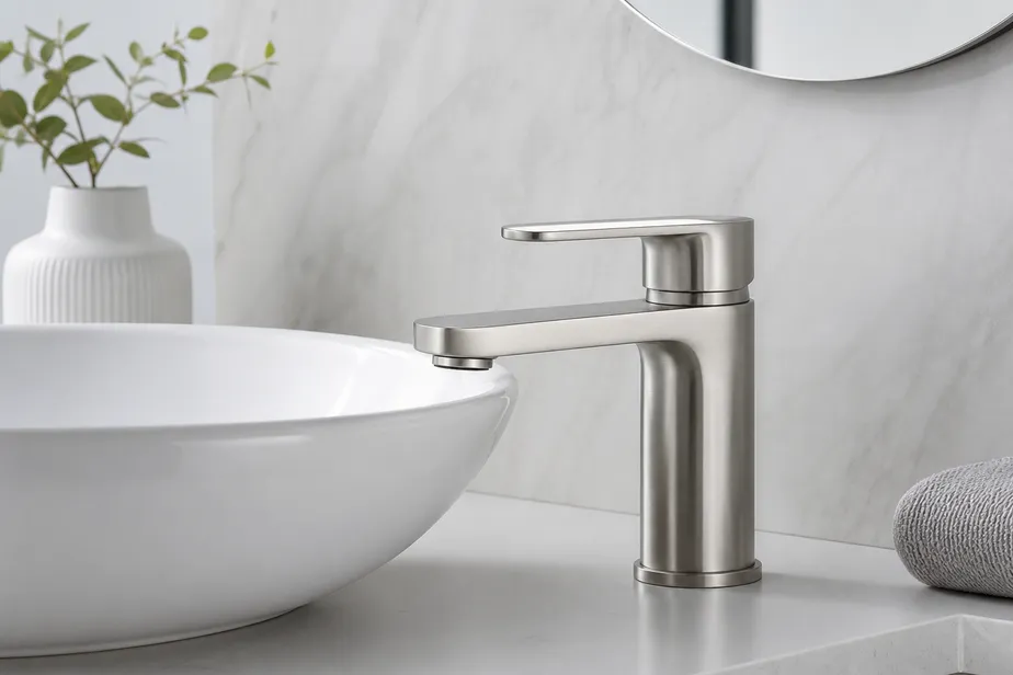 Low profile bathroom faucet with compact spout height for vessel sink installation