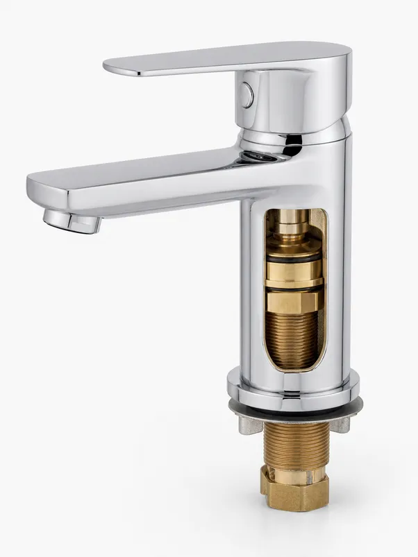 Low profile bathroom faucet brass body detail showing single-hole deck mount and single lever handle