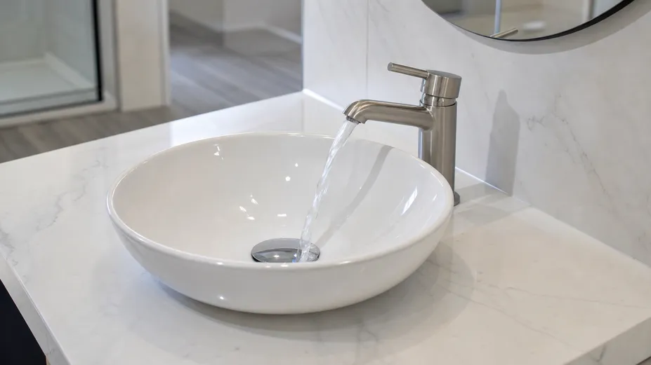 Low profile bathroom faucet installed with vessel sink showing correct spout height and water delivery arc