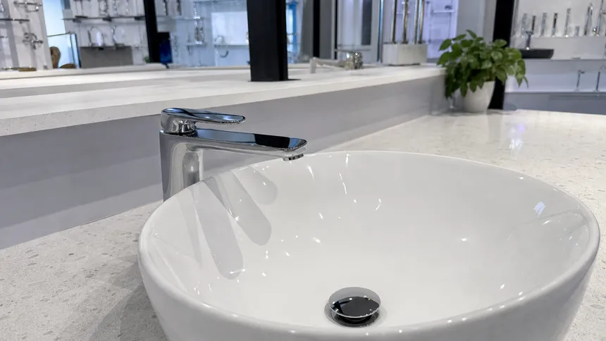 Low profile bathroom faucet installed on vessel sink — Wfaucet OEM manufacturing