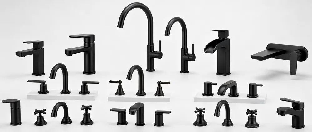 Matte black bathroom faucet configurations — mounting types, handle styles, and spout profiles available from Wfaucet