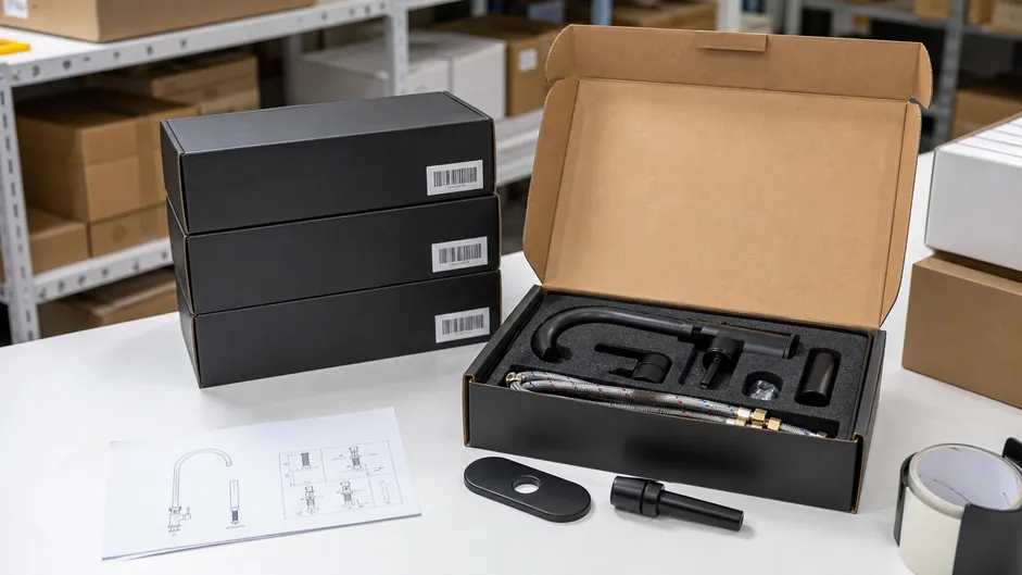 Retail-ready matte black bathroom faucet packaging configured for Amazon FBA fulfillment