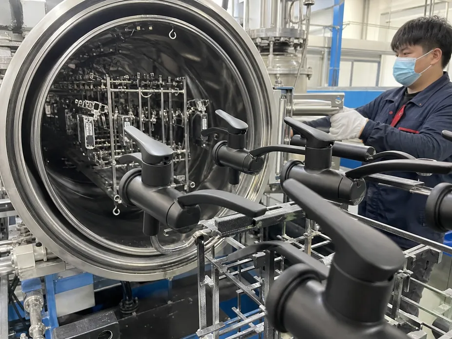 PVD physical vapor deposition process for matte black faucet finish