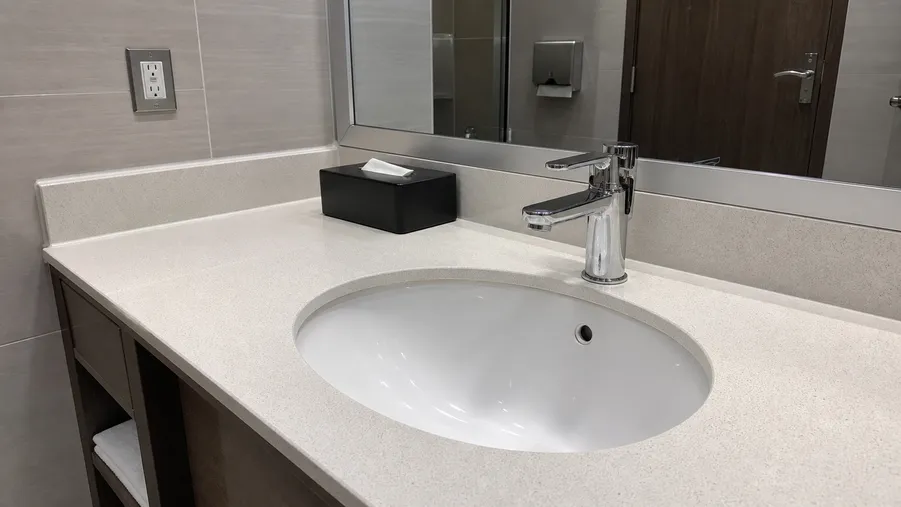 Commercial hotel restroom with single-lever chrome modern faucet