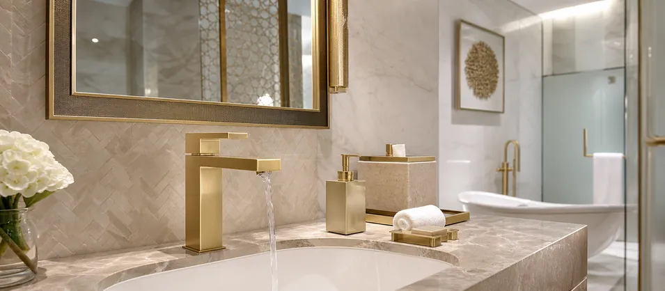 Middle East luxury hotel bathroom with PVD gold modern geometric faucet