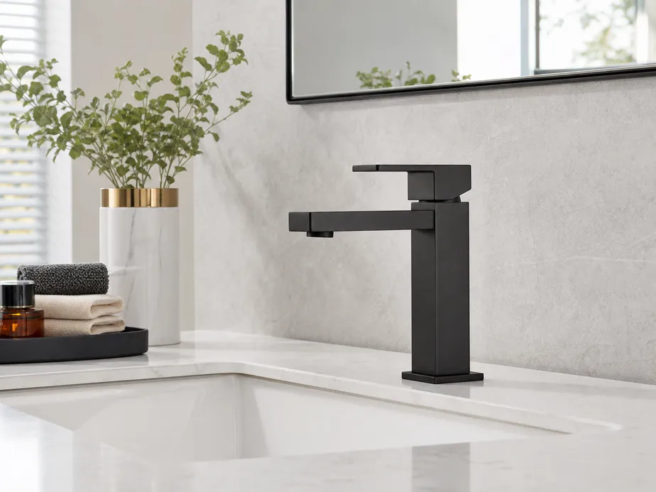 Modern bathroom faucet with geometric brass body and matte black finish on a premium vanity