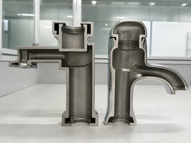 Cross-section comparison of modern geometric faucet body versus traditional rounded profile, showing flat planes and sharp transitions