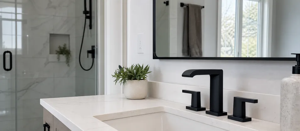 North American mid-to-premium residential bathroom with matte black modern faucet