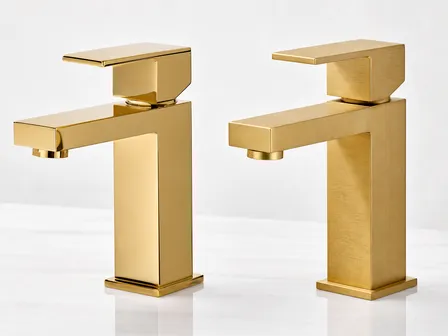 PVD gold and brushed gold finish options on modern geometric bathroom faucet