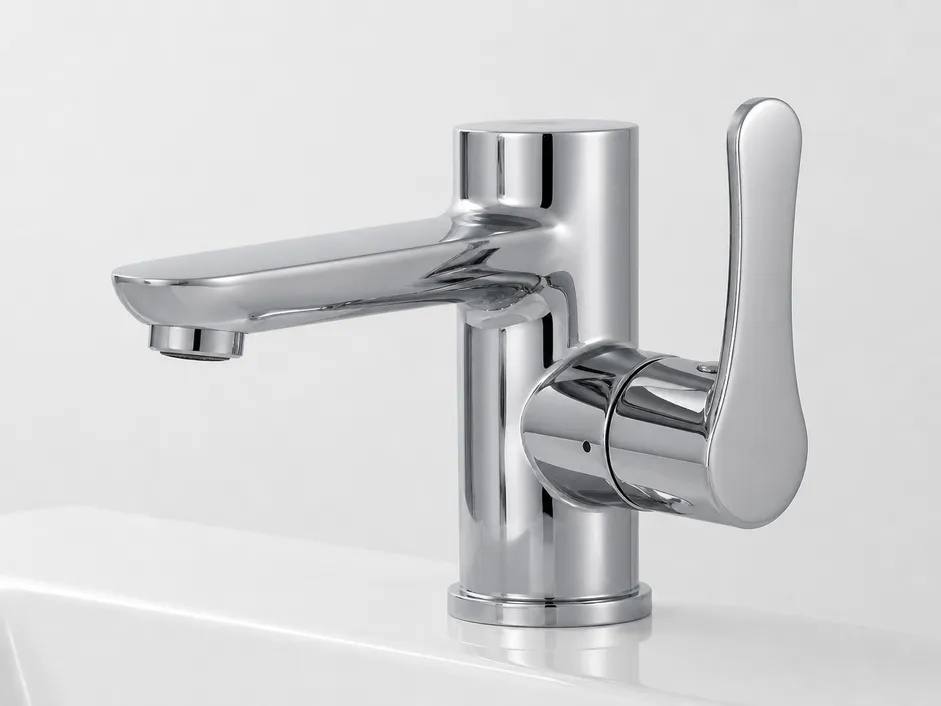 ADA-compliant side handle bathroom faucet showing lever handle geometry for commercial specification