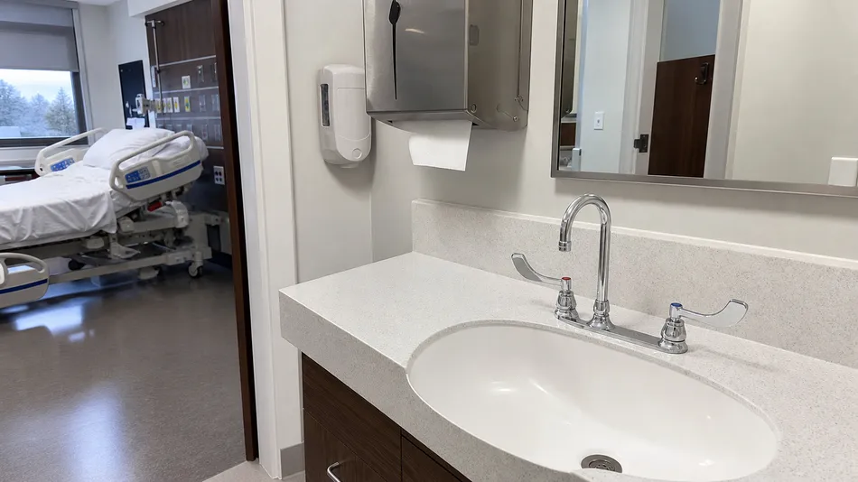 Side handle faucets installed in healthcare facility patient room lavatory