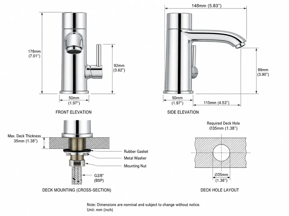 Side handle bathroom faucet installation dimensions and deck mounting diagram