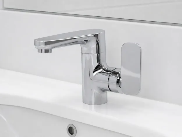 Paddle lever handle on side handle bathroom faucet — wide flat lever for ADA-compliant commercial use