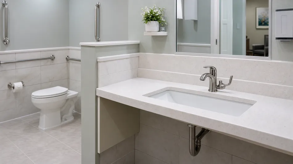 Accessible side handle faucet in senior living facility bathroom