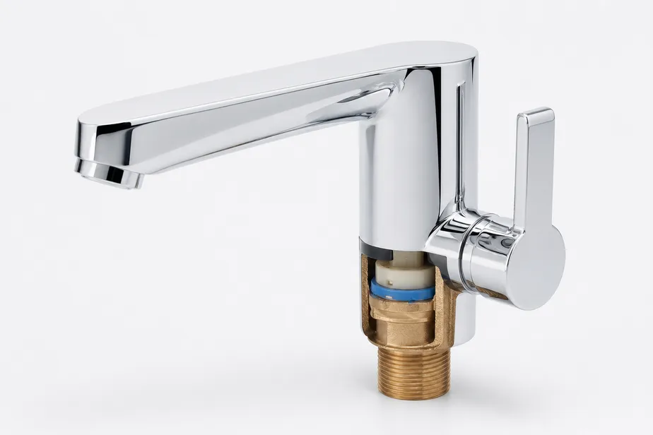 Side handle bathroom faucet with brass body and ceramic disc cartridge, shown in chrome finish