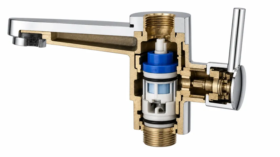 Cross-section detail of brass body and ceramic disc cartridge assembly in side handle bathroom faucet