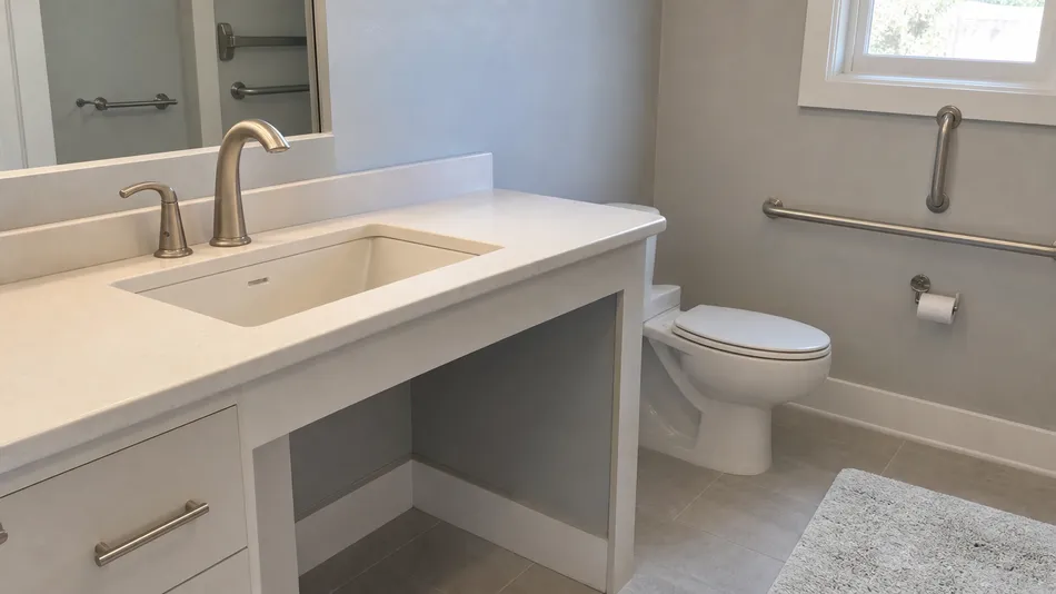 Universal design side handle faucet in accessible residential bathroom
