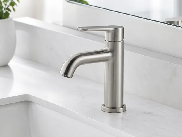 Brushed nickel single handle bathroom faucet — textured lacquer-sealed finish