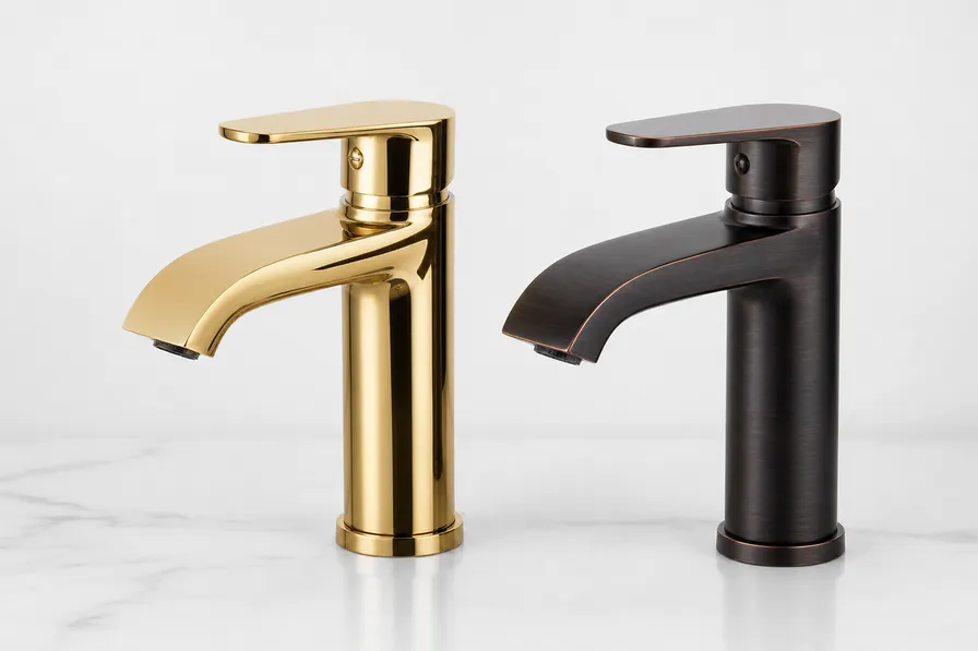 PVD gold and oil-rubbed bronze single handle bathroom faucet finishes side by side