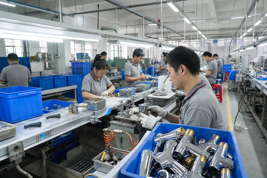 Dedicated single handle bathroom faucet assembly line at Wfaucet Foshan facility