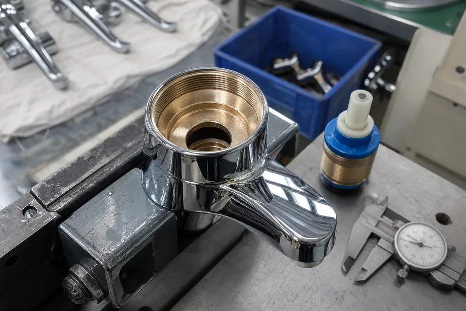 Ceramic disc cartridge detail — CNC-machined valve seat at ±0.05mm tolerance