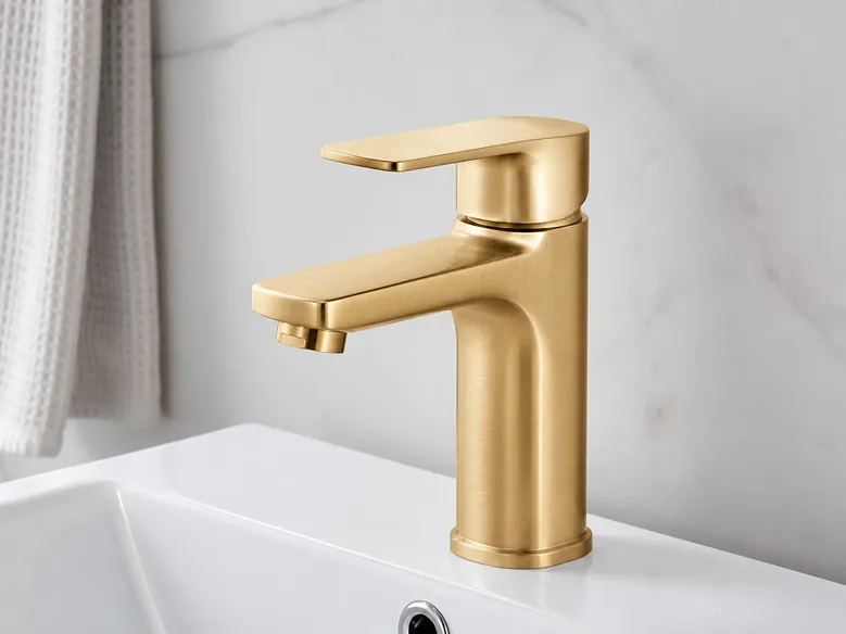 Single handle bathroom faucet in brushed gold finish for Middle East and Southeast Asia residential distribution