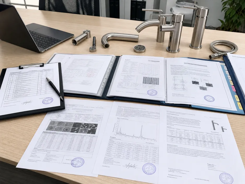 Certification documentation package for commercial and healthcare procurement of stainless steel bathroom faucets