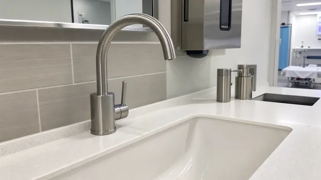 Stainless steel faucet installed in a clinical healthcare sink environment
