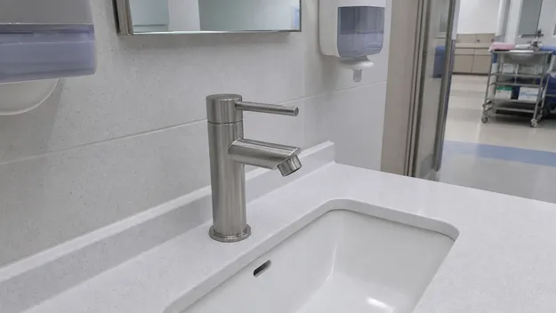 Stainless steel bathroom faucet in healthcare facility meeting infection control protocols