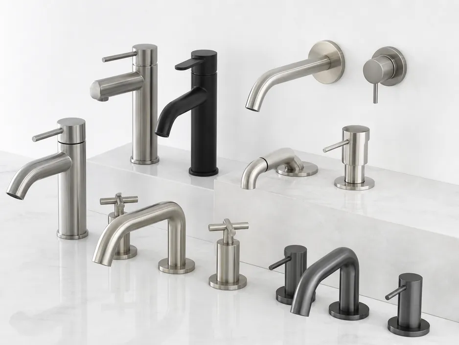 Stainless steel bathroom faucet customization options including finish, handle style, and mounting configurations