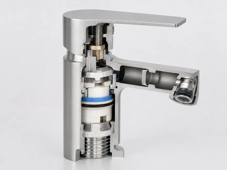 Stainless steel bathroom faucet cross-section showing ceramic disc cartridge and CNC-machined valve seat