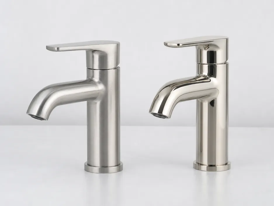 Stainless steel and brass bathroom faucets side by side for specification comparison