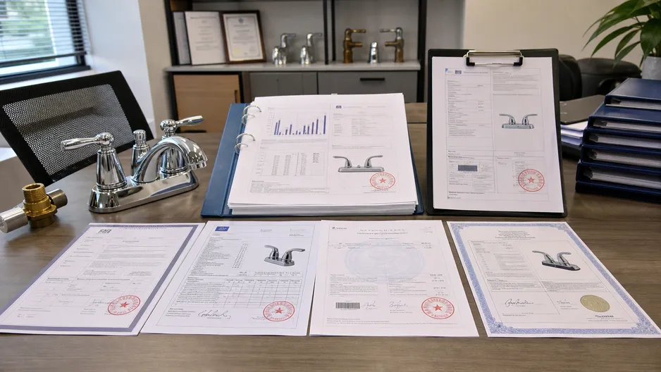 Compliance certification documentation for two handle bathroom faucets — cUPC, CE, WaterMark, ISO 9001