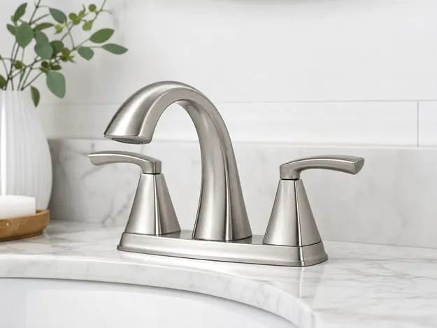 Brushed nickel two handle bathroom faucet — lacquer-sealed textured finish