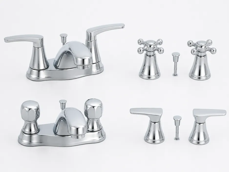 OEM handle style options for two handle bathroom faucets — lever, cross, knob, and blade profiles