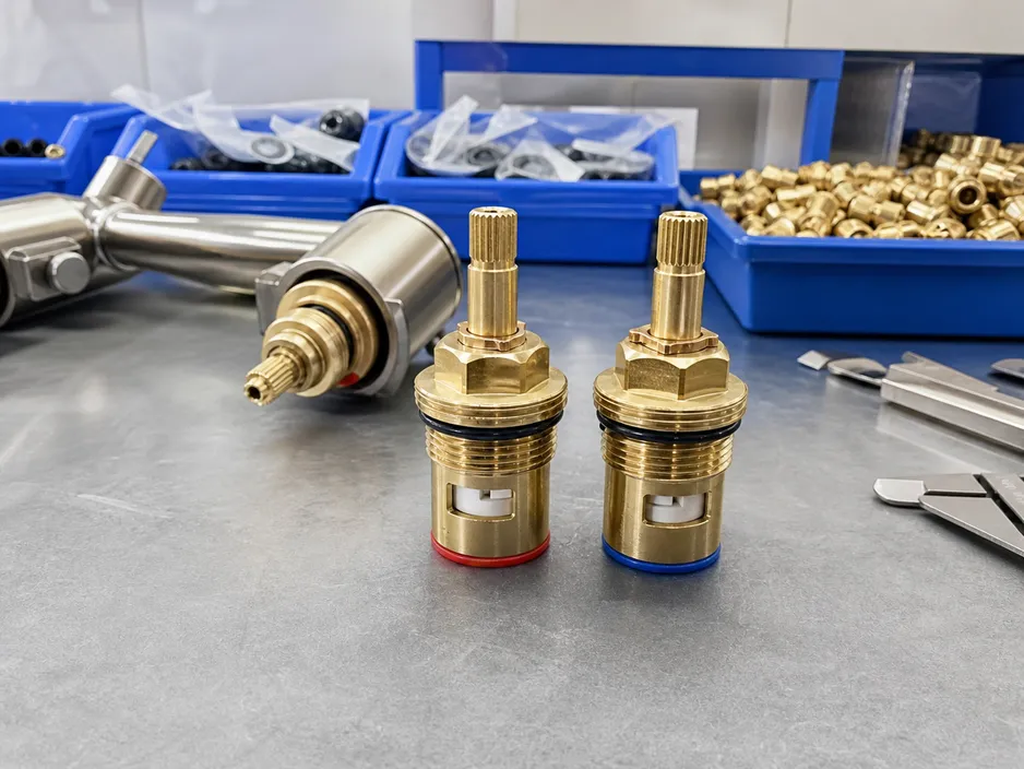 Two handle bathroom faucet ceramic disc cartridge assembly showing matched hot and cold cartridges