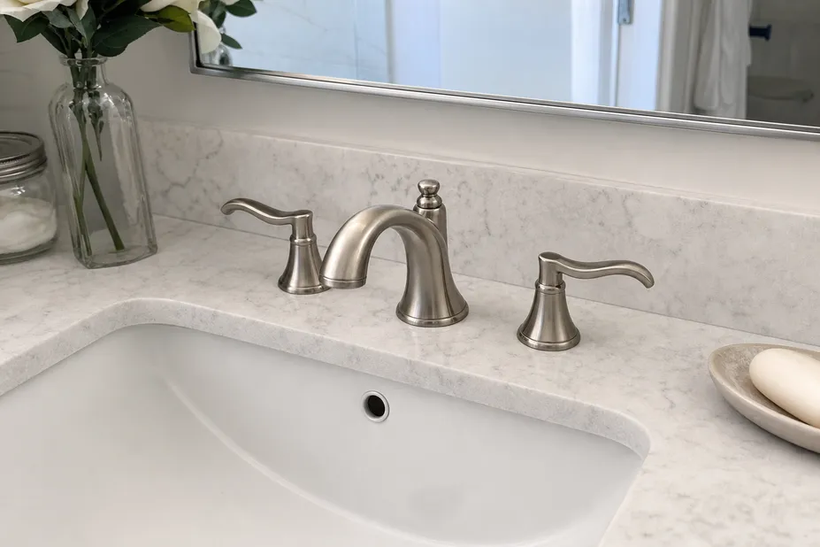 Two handle bathroom faucet installed on a vanity — widespread 8-inch center configuration