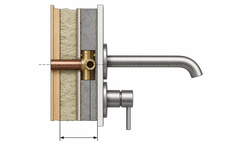 Diagram showing wall mount faucet rough-in depth measurement from finished wall surface to supply line center