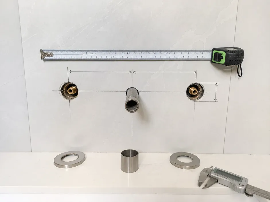 Wall mount faucet rough-in geometry showing supply line spacing and depth dimensions