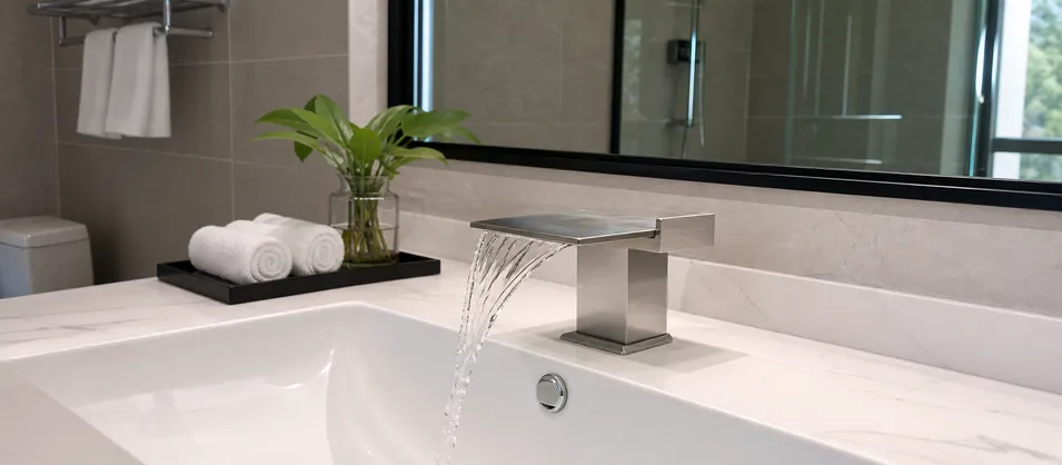 Boutique hotel bathroom with waterfall faucet installation