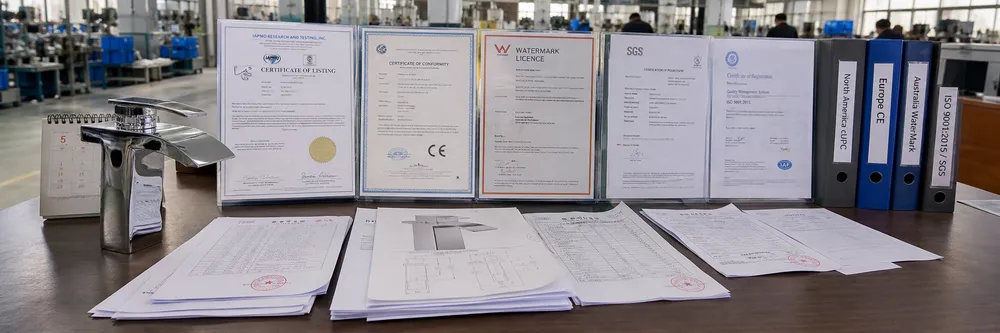 Waterfall bathroom faucet certification documentation including cUPC, CE, and WaterMark compliance