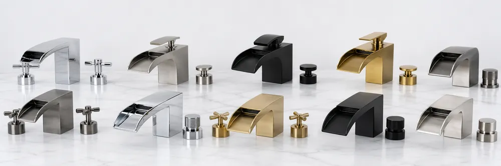OEM waterfall bathroom faucet configuration options including finish samples and handle styles