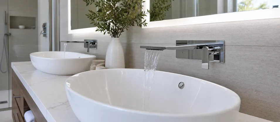 Premium residential master bathroom with waterfall faucet