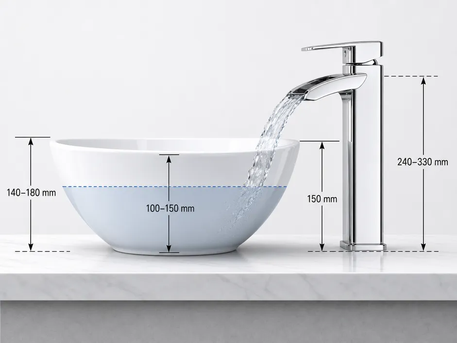 Vessel sink and waterfall faucet spout height dimensional diagram