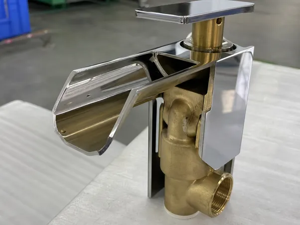 Waterfall faucet spout channel and brass body detail