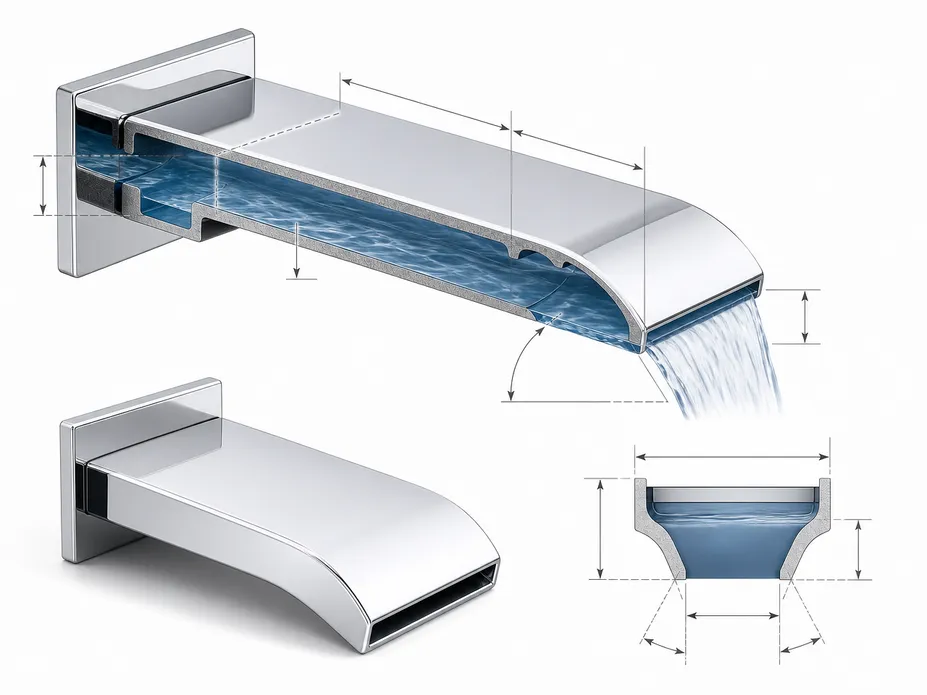 Waterfall faucet spout engineering — channel width, bore transition, and exit angle diagram